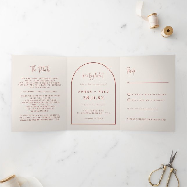 Modern Arch Tying Knot Terracotta Wedding Script Tri-Fold Invitation (Inside)