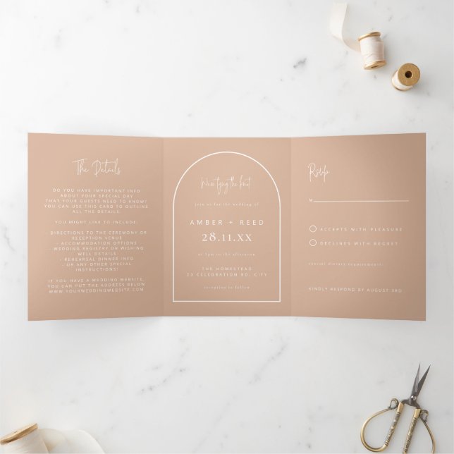 Modern Arch Tying Knot Wedding Blush Pink Script  Tri-Fold Invitation (Inside)