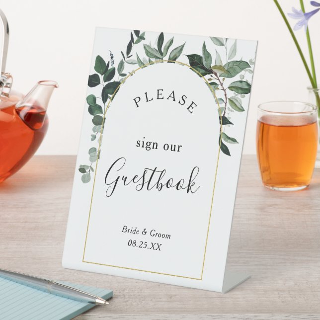 Modern arch watercolor greenery guest book pedestal sign (In SItu)