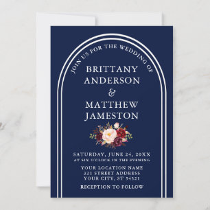 Modern Arch Wedding Burgundy Floral Blue Invitation