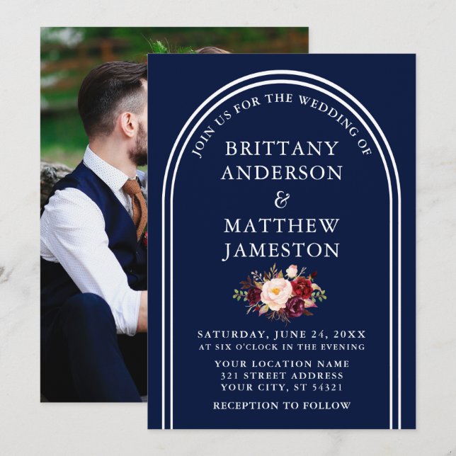 Modern Arch Wedding Burgundy Floral Photo Blue Invitation (Front/Back)