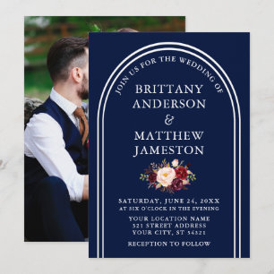 Modern Arch Wedding Burgundy Floral Photo Blue Invitation