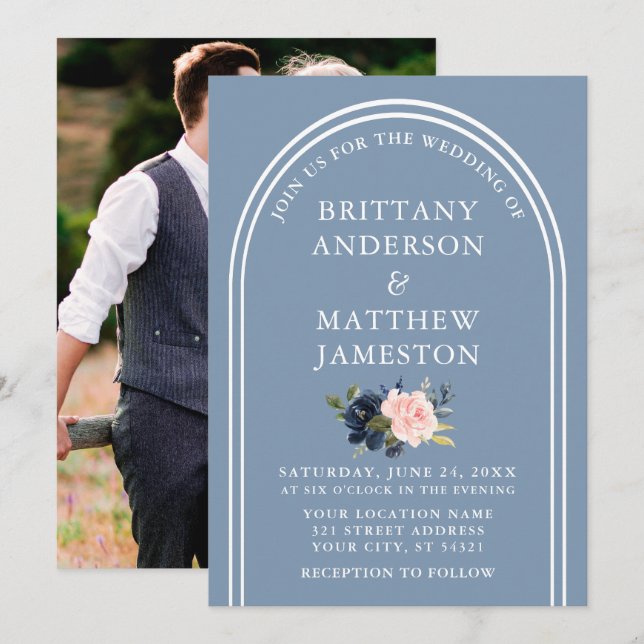 Modern Arch Wedding Dusty Blue Pink Floral Photo Invitation (Front/Back)