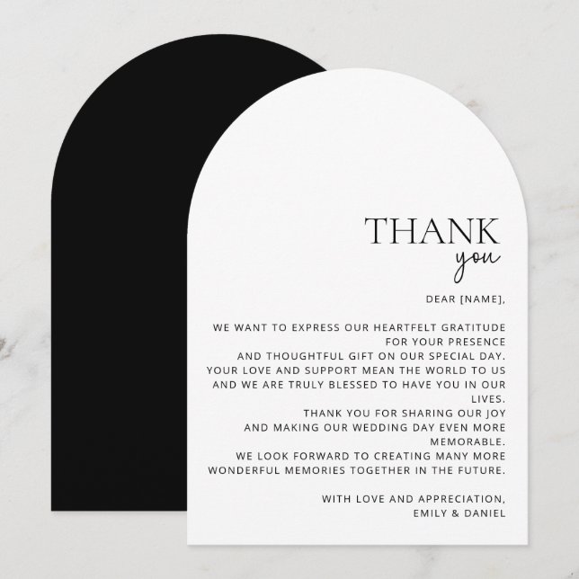 Modern, arch, white and black,  thank you card (Front/Back)