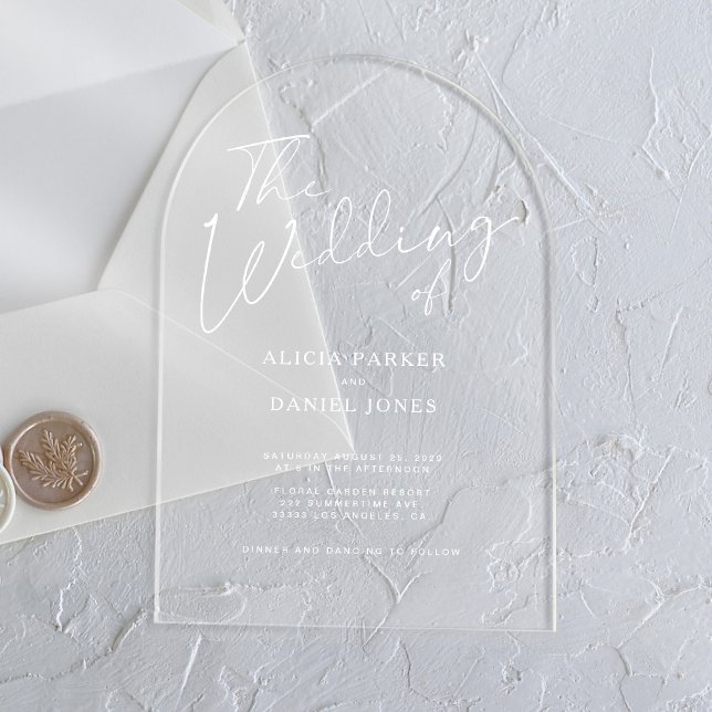 Modern arch white calligraphy script wedding  acrylic invitations (Creator Uploaded)