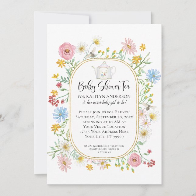 Modern Arch Wildflower Floral Bees Tea Party Baby Invitation (Front)
