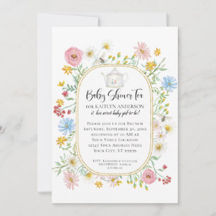 Modern Arch Wildflower Floral Bees Tea Party Baby Invitation