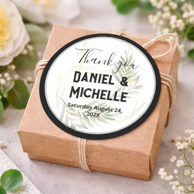 Modern Arched Black Gold Wedding Botanical Theme Classic Round Sticker (Creator Uploaded)