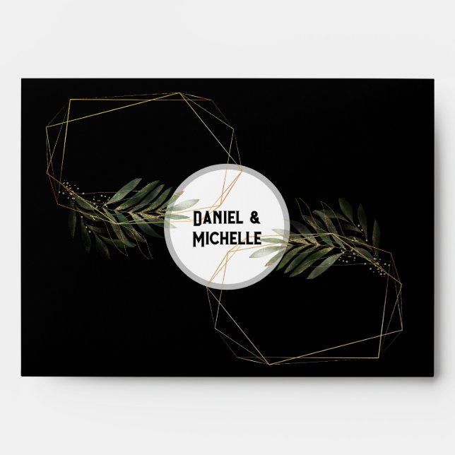 Modern Arched Black Gold Wedding Botanical Theme Envelope (Front)