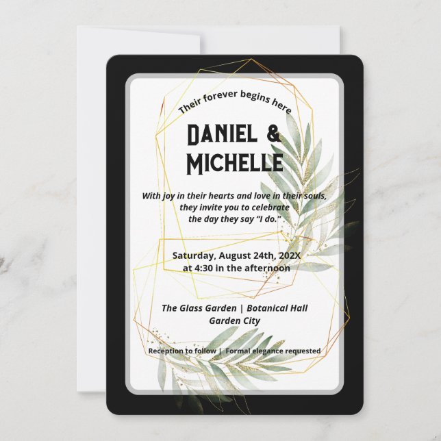 Modern Arched Black Gold Wedding Botanical Theme Invitation (Front)