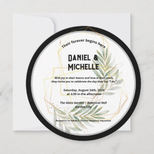 Modern Arched Black Gold Wedding Botanical Theme Invitation