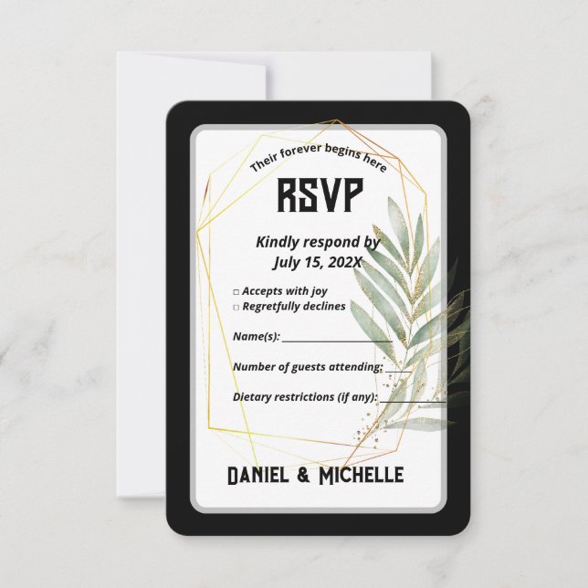 Modern Arched Black Gold Wedding Botanical Theme RSVP Card (Front)