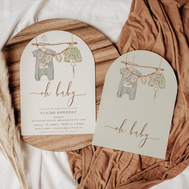 Modern Arched Boho Baby Clothes Baby Shower Invitation (Arched Boho Baby Clothes baby Shower Invitation, Bohemian Baby Shower Invitation Gender Neutral )