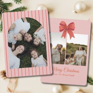 Modern Arched Bow Preppy Stripe Family Photo Holiday Card