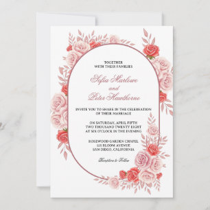 Modern Arched Frame Pink Rose Floral Wedding Invitation