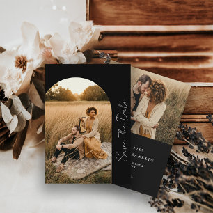 Modern Arched Frame Sage Wedding Black Photo    Save The Date