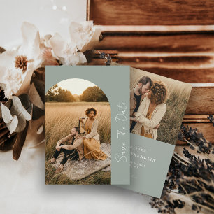 Modern Arched Frame Sage Wedding Photo  Save The Date
