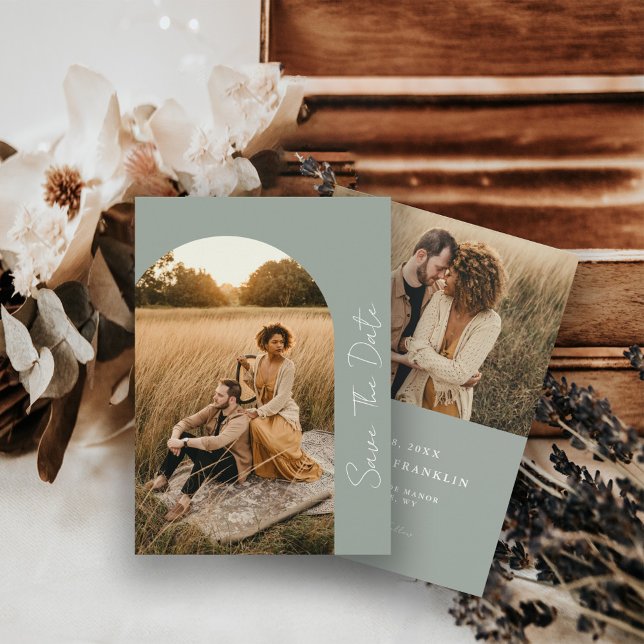 Modern Arched Frame Sage Wedding Photo  Save The Date (Creator Uploaded)