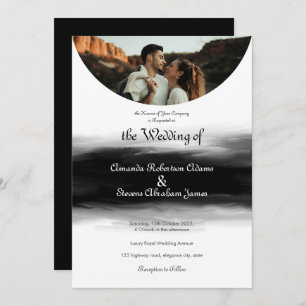 modern arched photo black brush stroke wedding invitation