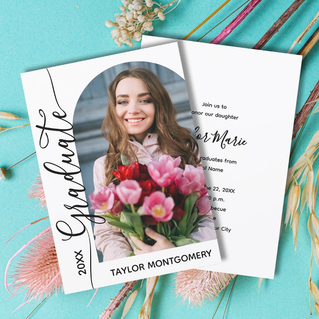 Modern Arched Photo Graduation Party Invitation (Modern arched photo graduation party invitations with your details on the back)