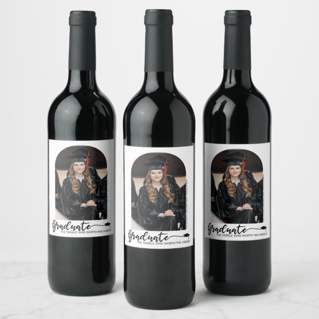 Modern Arched Photo Graduation Wine Label (Bottles)