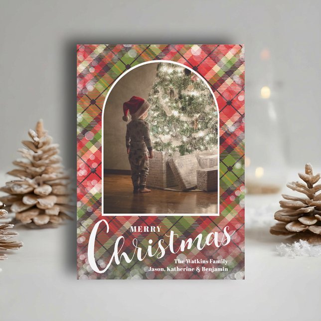 Modern Arched Photo on Plaid Holiday Card (Modern arched photo on Christmas plaid holiday cards, PRINTED and/or INSTANT DOWNLOAD)