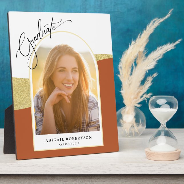 Modern Arched Photo Terracotta & Gold Graduation Plaque (Side)