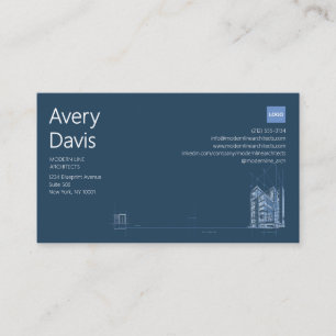 Modern Architect Navy & White Minimalist Blueprint Business Card