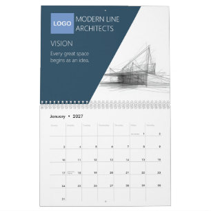 Modern Architect Navy & White Minimalist Blueprint Calendar