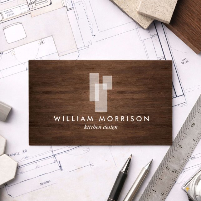Modern Architectural Blocks Logo II on Woodgrain Business Card (Creator Uploaded)