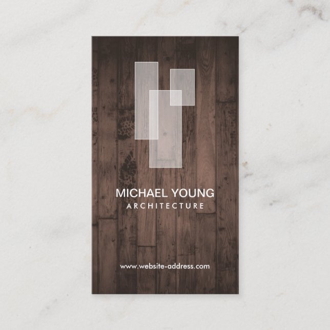 Modern Architectural Blocks Logo White/Rustic Wood Business Card (Front)