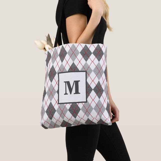 Modern Argyle Plaid Red Grey Silver Monogram Tote Bag (Close Up)