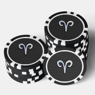 Modern Aries Sign on Charcoal Carbon Fibre Print Poker Chips