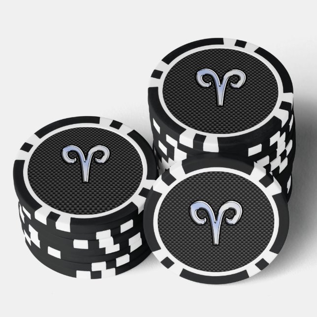 Modern Aries Sign on Charcoal Carbon Fibre Print Poker Chips (Stack)
