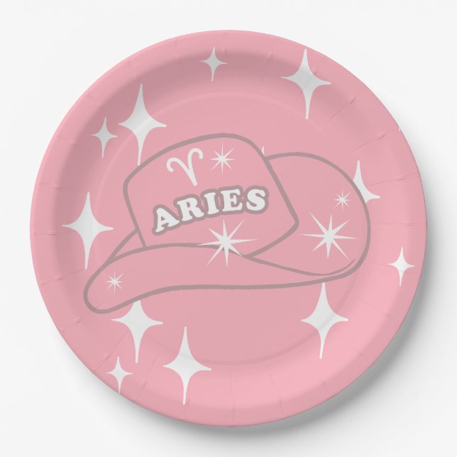 Modern Aries Zodiac Pink Cowgirl Hat Party  Paper Plate (Front)