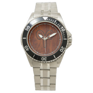 Modern Aries Zodiac Symbol in Mahogany like print Watch