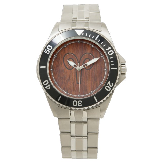 Modern Aries Zodiac Symbol in Mahogany like print Watch (Front)