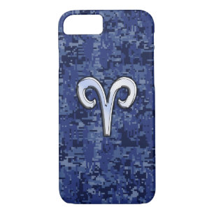 Modern Aries Zodiac Symbol Navy Blue Digital Camo iPhone 8/7 Case