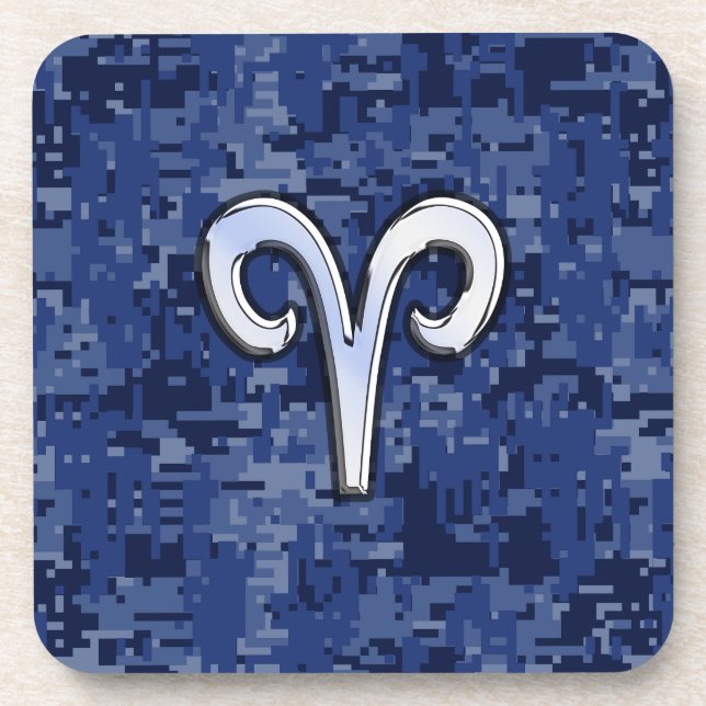 Modern Aries Zodiac Symbol Navy Blue Digital Camo Coaster (Front)