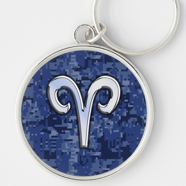 Modern Aries Zodiac Symbol Navy Blue Digital Camo Key Ring (Front)