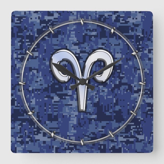 Modern Aries Zodiac Symbol Navy Blue Digital Camo Square Wall Clock (Front)