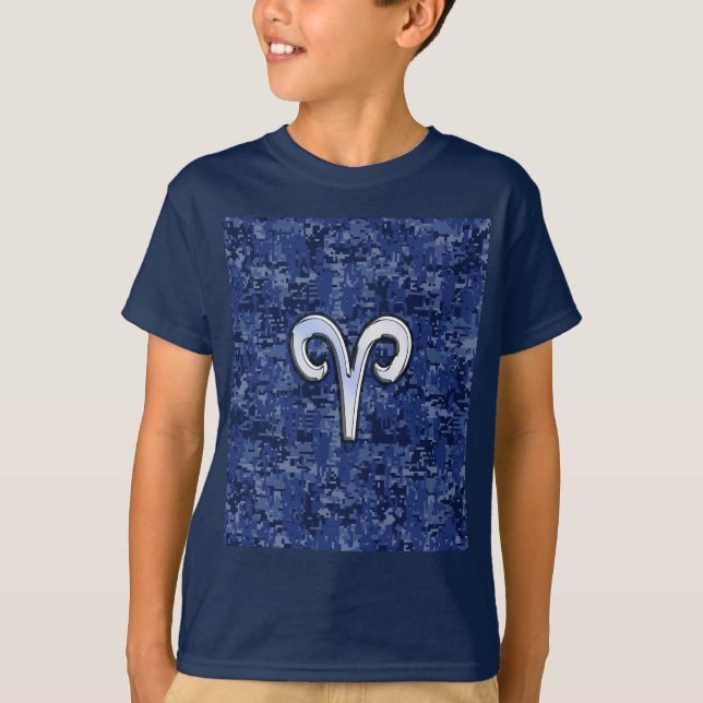 Modern Aries Zodiac Symbol Navy Blue Digital Camo T-Shirt (Front)