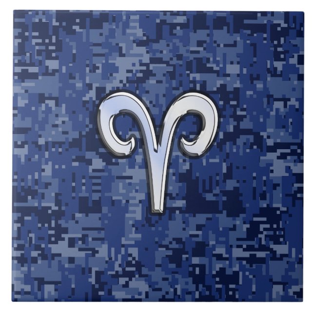 Modern Aries Zodiac Symbol Navy Blue Digital Camo Tile (Front)