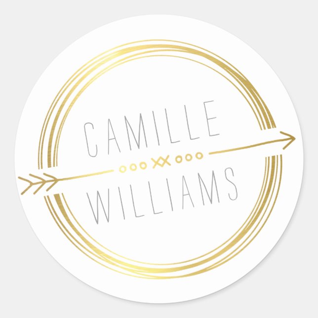 MODERN ARROW LOGO gold foil rustic hand drawn Classic Round Sticker (Front)