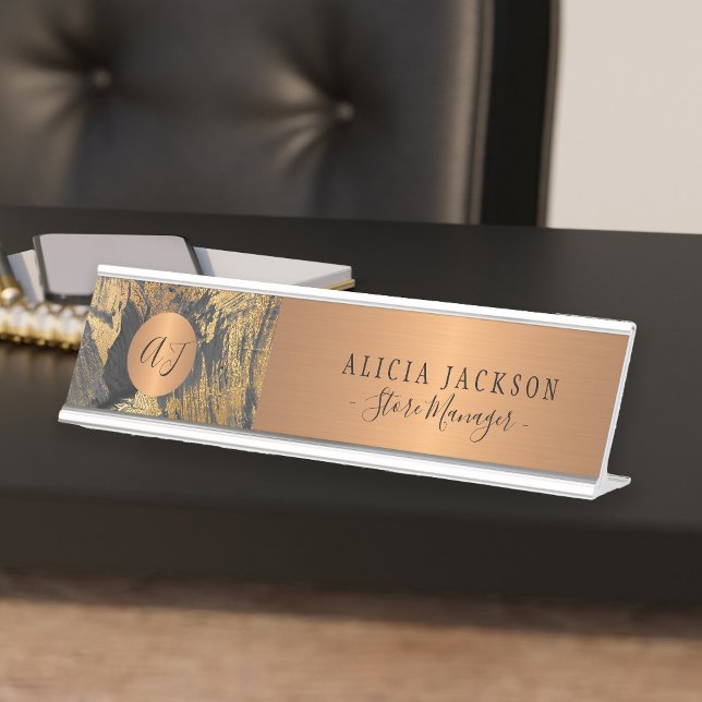 Modern art abstract pattern black gold monogrammed desk name plate (Creator Uploaded)
