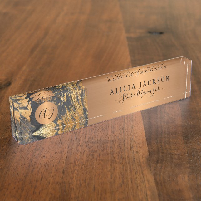 Modern art abstract pattern black gold monogrammed nameplate (Side)