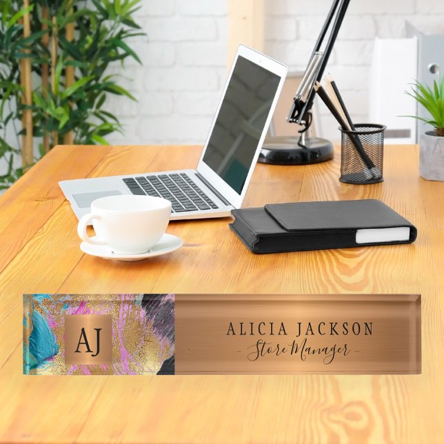 Modern art abstract pattern black gold monogrammed nameplate (Creator Uploaded)