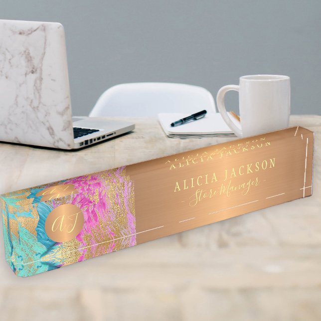 Modern art abstract pattern pink gold monogrammed nameplate (Creator Uploaded)