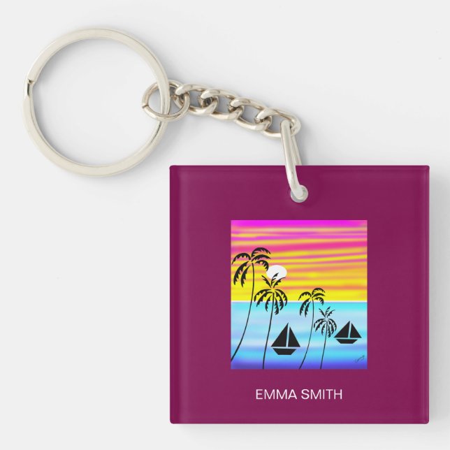 Modern Art Awesome Tropical Sunset Sailing Key Ring (Front)
