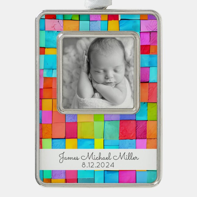 Modern Art BABY Name Birthdate Photo Colourful Fun Silver Plated Framed Ornament (Front)
